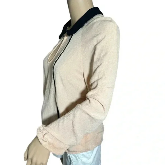 ZARA Pale Pink Peasant Blouse Black Collar Key Hole Detail Long Sleeve Medium - Picture 5 of 10